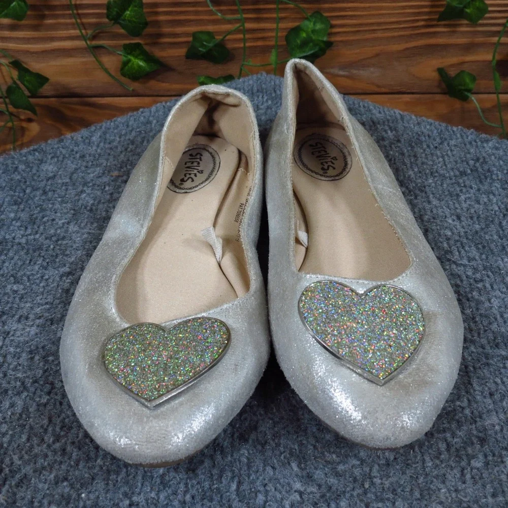 Stevie's Silver Heart Flats‎ Girls Size 4 Dress Casual Glitter Ballet Shoes